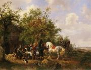 Compagny with horses and dogs at an inn
